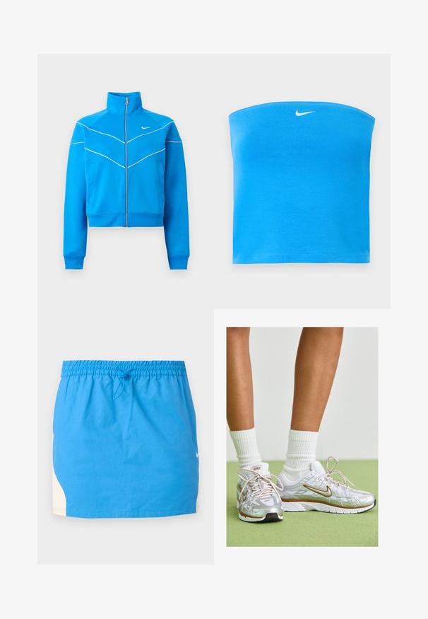 Felblauw sportjack met ritssluiting, hoge kraag, witte biezen, steekzakken en klein wit Nike-logo op de borst.; Felblauwe Nike strapless tube top met wit Swoosh-logo centraal geplaatst dicht bij de bovenkant.; Blauwe sportrok met elastische tailleband en trekkoord, met witte zijpanelen en een klein wit Nike-logo aan de rechterkant.; Zilveren sportschoenen met witte en gouden accenten, voorzien van een mesh bovenkant, rubberen zool en een reflecterende afwerking. Sokken zichtbaar boven de enkel.