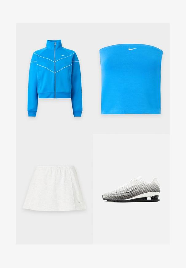 Svetlomodrá športová bunda na zips s vysokým golierom, bielymi pásikmi, bočnými vreckami a malým bielym logom Nike na hrudi.; Svetlomodrý bezramienkový tube top značky Nike s bielym logom Swoosh umiestneným v strede blízko horného okraja.; Biely športový sukňový odev vyrobený z mäkkej a textúrovanej tkaniny, s elastickým pásom a malým zlatým logom Nike na leme.; Biele a čierne bežecké tenisky Nike s prechodovým bodkovaným vzorom, čiernou podrážkou a viditeľným zadným odpružením pripomínajúcim pružinu.