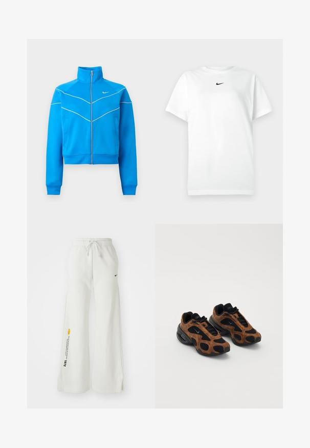 Felblauw sportjack met ritssluiting, hoge kraag, witte biezen, steekzakken en klein wit Nike-logo op de borst.; Witte korte mouwen crew neck T-shirt met een klein zwart Nike swoosh-logo gecentreerd onder de ronde hals.; Witte, wijde sweatpants met een elastische tailleband, trekkoord, zijslitsen, zwart Nike-logo en contrasterende gele grafische tekst.; Bruine suède en zwarte gaas sneakers met een afgeronde vorm, met opvallende uitsparingen en een stevige zwarte zool.