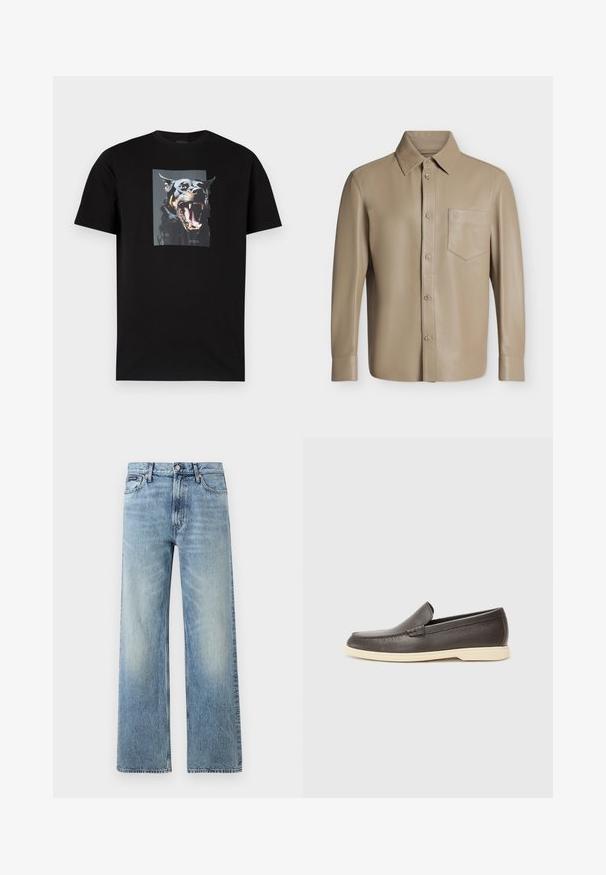 Chemise en cuir beige à manches longues avec boutons, poche poitrine et col pointu, présentée à plat sur un fond clair.; T-shirt en coton noir avec un grand graphisme d'un chien qui aboie sur le devant. Col rond, manches courtes.; Jean droit en denim bleu clair avec taille haute, cinq poches, fermeture à boutons et léger délavage sur les cuisses et les genoux.; Chaussures à enfiler en cuir marron avec une surface texturée et une semelle beige clair contrastante, présentant un bout arrondi et de minimalistes détails de couture.