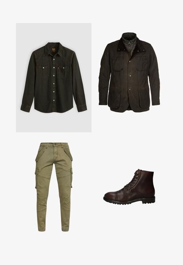 Barbour OGSTON JACKET - Jas - olive; Zwart denim overhemd met lange mouwen, puntige kraag, twee borstzakken, zilveren knopen en gele stiksels. Klassiek westers ontwerp.; Olijfgroene cargo broek van een katoenmix met meerdere zijzakken, tapered ontwerp en gedetailleerde stiksels langs de benen.; Donkergrote leren veterschoenen tot de enkels met een robuuste rubberen zool en metalen veters, gezien vanuit de buitenzijde.