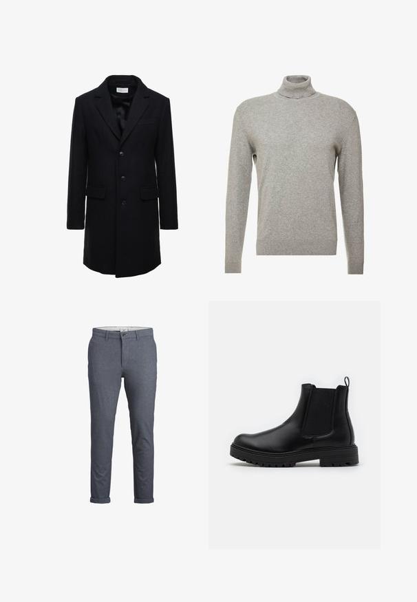 Manteau en laine bleu marine foncé au fit ajusté, à boutonnage simple, avec revers en pointe et deux poches à l'avant, doté d'une fermeture à bouton.; Pull over gris avec un col haut et des manches longues. Fabriqué à partir d'un matériau lisse et doux, il possède une coupe ajustée et des accents côtelés au niveau de l'ourlet.; Pantalons pour hommes ajustés en motif chevron bleu foncé, avec fermeture à bouton, design épuré et ourlets retournés. Réalisés en tissu léger.; Zign by Zalando LEATHER - Bottines - black