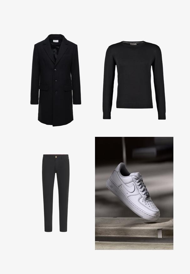 Mørk navy uldfrakke med skræddersyet pasform, enkelt knaplukning, spidse klapper og to forlommer, med knaplukning.; Sort strikket sweater med lange ærmer, rund halsudskæring samt ribbede manchetter og bund. Glat tekstur og tætsiddende design.; Sorte slimfit bukser med bæltestropper, forlommer og knaplukning i taljen.; Hvid læder Nike Air Force 1 sneaker med perforeret tå, flade snørebånd og tekstureret gummisål med "AIR" branding på siden.