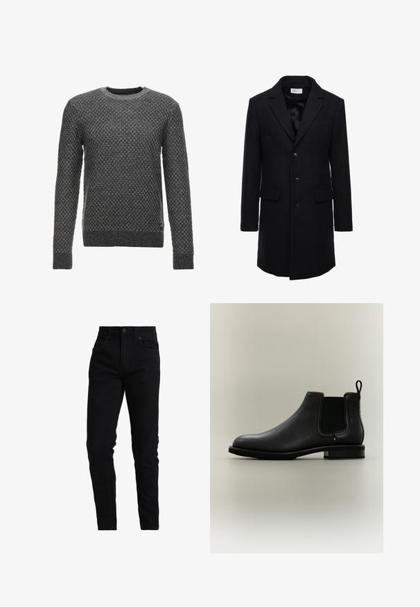 Manteau en laine bleu marine foncé au fit ajusté, à boutonnage simple, avec revers en pointe et deux poches à l'avant, doté d'une fermeture à bouton.; Pull en tricot gris avec un motif texturé, col rond et manches longues. Présente un ourlet et des poignets côtelés.; Jean noir en denim avec une coupe slim, doté d'une taille moyenne, d'un design à cinq poches et de détails de couture subtils. Tissu à texture lisse.; Bottine Chelsea en cuir noir avec panneaux latéraux élastiques et languette sur fond gris clair.