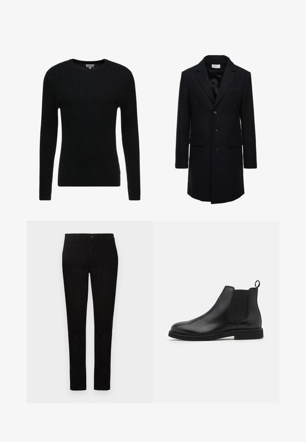 Manteau en laine bleu marine foncé au fit ajusté, à boutonnage simple, avec revers en pointe et deux poches à l'avant, doté d'une fermeture à bouton.; Pull noir à manches longues en côte avec un col rond ; le tissu texturé présente des lignes verticales ; silhouette ajustée ; sans embellissements ni accents visibles.; Pantalon noir slim avec fermeture à bouton et zipper à l'avant, passants de ceinture et poches latérales, présenté sur un fond clair.; Bottines Chelsea en cuir noir avec panneaux élastiques sur les côtés et une languette. Bout arrondi et semelle en caoutchouc plate, mettant en valeur une finition lisse.