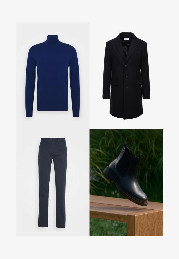 Donkerblauwe wollen jas met een getailleerde pasvorm, een enkelgeknoopt ontwerp, pieklapels en twee zijzakken, voorzien van een knoopsluiting.; Navyblauwe coltrui van glad gebreid stof. Lange mouwen en een aansluitend ontwerp met geribbelde accenten bij de kraag en de zoom.; Marineblauwe broek van katoen, met een recht gesneden ontwerp, riemlussen en een knoopsluiting aan de voorkant. Soepele textuur.; Zwarte leren enkelboot met elastische zijpanelen zwevend boven een houten bank, groene loof achtergrond.
