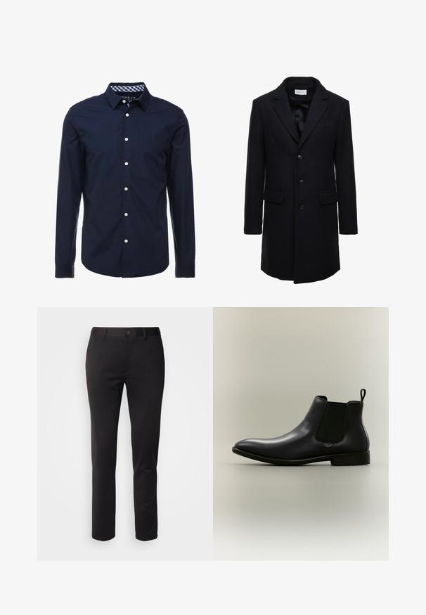Manteau en laine bleu marine foncé au fit ajusté, à boutonnage simple, avec revers en pointe et deux poches à l'avant, doté d'une fermeture à bouton.; Chemise bleu marine à manches longues avec col boutonné, col intérieur à carreaux contrastés et boutons blancs sur le devant. Texture lisse.; Pantalons noirs en tissu lisse, avec une coupe droite, fermeture à bouton à l'avant et passants de ceinture, présentés sur un fond blanc.; Bottine Chelsea en cuir noir avec panneaux latéraux élastiques, languette au talon, talon bas empilé et bout pointu sur fond neutre.