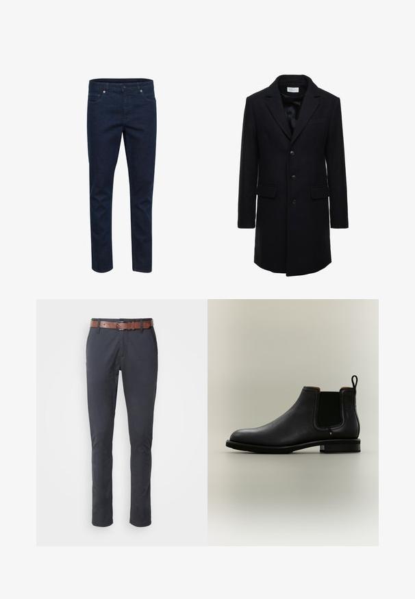 Manteau en laine bleu marine foncé au fit ajusté, à boutonnage simple, avec revers en pointe et deux poches à l'avant, doté d'une fermeture à bouton.; Jean en denim bleu foncé, coupe slim, cinq poches et fermeture par boutons, présenté sur fond blanc.; Pantalon bleu marine slim, fabriqué en tissu mélangé de coton, doté d'une ceinture en cuir marron et de détails subtils sur les poches avant.; Bottine Chelsea en cuir noir avec panneaux latéraux élastiques et languette sur fond gris clair.