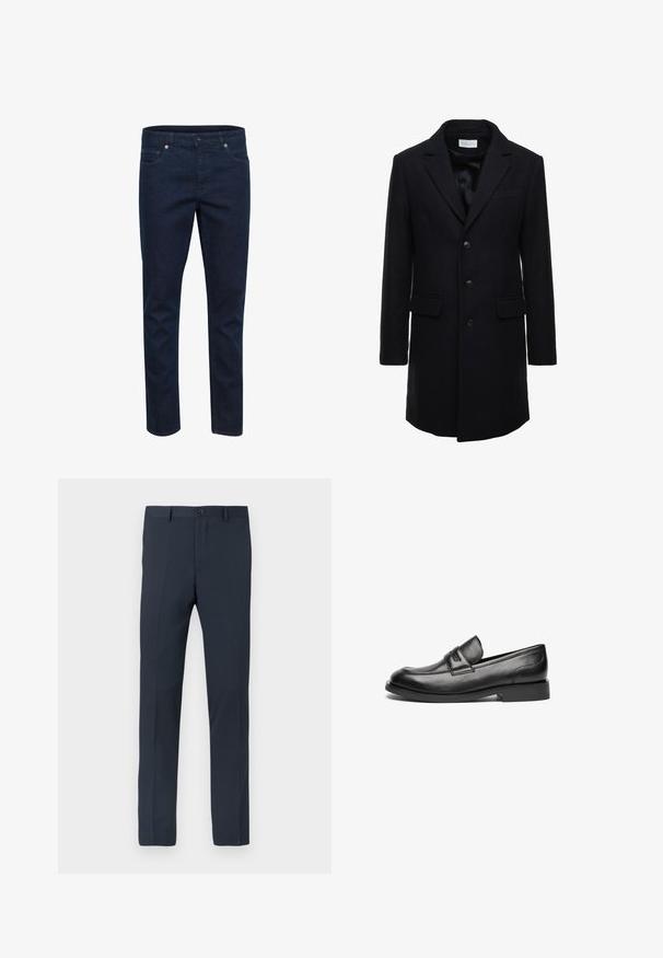 Mørk navy uldfrakke med skræddersyet pasform, enkelt knaplukning, spidse klapper og to forlommer, med knaplukning.; Mørkeblå denimjeans med slim fit, fem lommer og knaplukning, vist mod en hvid baggrund.; Marineblå bukser lavet af glat stof med en slank pasform, bæltestropper, en knaplukning foran og to sidelommer.; Sorte læder loafers har en rund tå, en stikning hen over toppen og en lav, flad gummisål. Glat tekstur uden synlige mønstre.