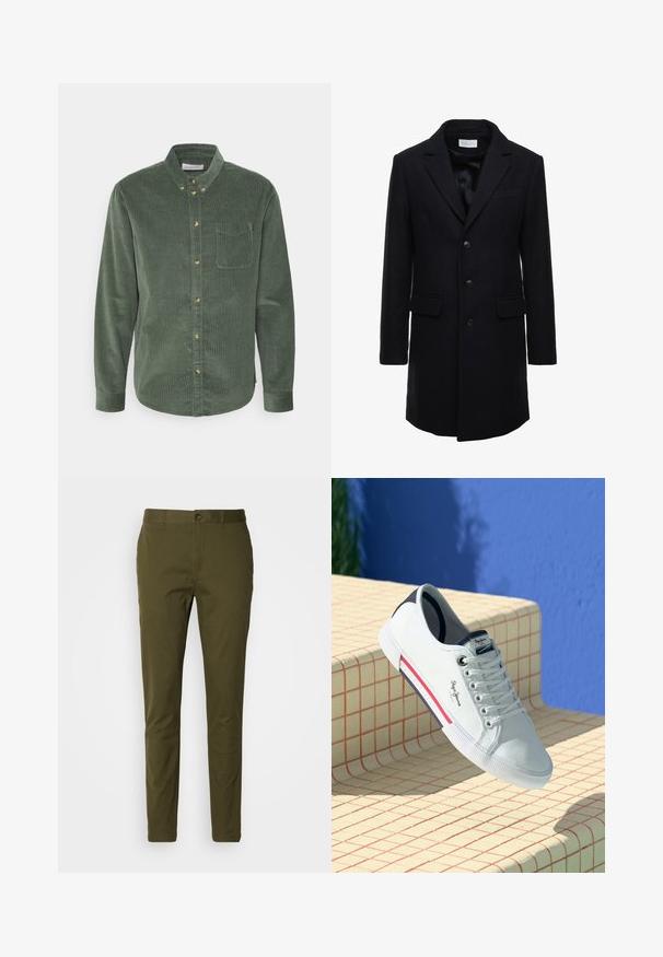 Manteau en laine bleu marine foncé au fit ajusté, à boutonnage simple, avec revers en pointe et deux poches à l'avant, doté d'une fermeture à bouton.; Chemise boutonnée en velours côtelé vert, à manches longues, avec un col, une poche avant et des boutons dorés. Elle présente un tissu texturé et un ourlet incurvé.; Pantalons vert olive en coton lisse, dotés d'une fermeture à bouton, d'une coupe ajustée et de détails de couture minimalistes sur la taille.; Baskets en toile blanches avec un bout rond, présentant un accent bleu au talon et une bande rouge le long de la semelle ; couture détaillée et logo de la marque sur le côté.