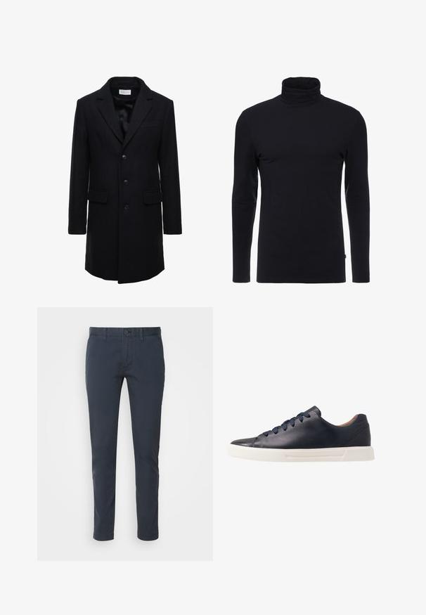 Manteau en laine bleu marine foncé au fit ajusté, à boutonnage simple, avec revers en pointe et deux poches à l'avant, doté d'une fermeture à bouton.; T-shirt noir à manches longues et col roulé en tissu doux et extensible. Présente un design ajusté et une texture lisse. Aucun motif ni accent visible.; Chinos bleu marine en coton léger, à coupe droite, avec fermeture à bouton et poches avant. Texture lisse avec un minimum de détails.; Baskets en cuir bleu marine avec une finition lisse, semelle en caoutchouc blanc plat, bout arrondi et six lacets bleu marine passés à travers des œillets ronds.