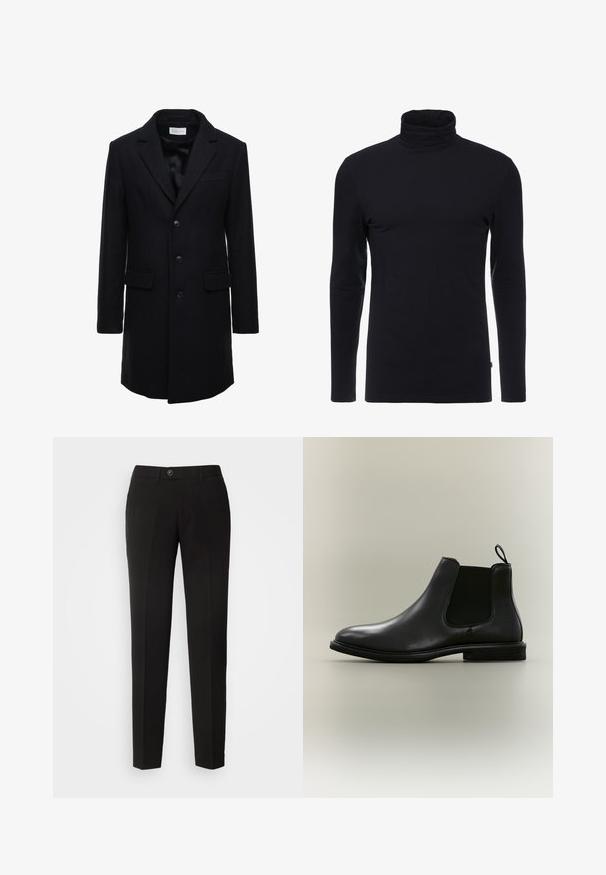 Donkerblauwe wollen jas met een getailleerde pasvorm, een enkelgeknoopt ontwerp, pieklapels en twee zijzakken, voorzien van een knoopsluiting.; Zwarte lange mouw turtleneck shirt gemaakt van zachte, rekbare stof. Heeft een aansluitend ontwerp en een gladde textuur. Geen zichtbare patronen of accenten.; Zwarte rechte broek van gladde stof, met een knoopsluiting en zijzakken in een klassiek ontwerp.; Zwarte leren Chelsea-laars met elastisch zijpaneel, treklus aan de achterkant, platte zool en afgeronde neus, afgebeeld tegen een lichtgrijze achtergrond.