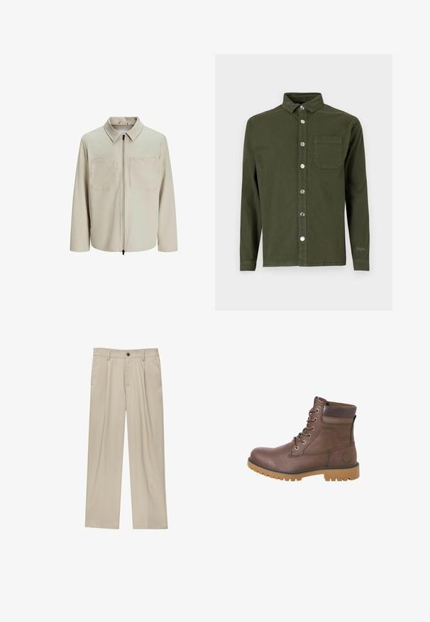 Veste beige en tissu doux, dotée d'un col, d'une fermeture éclair sur le devant et de deux grandes poches poitrine. Manches longues avec une coupe décontractée.; Denim Project DPMDPSTITCH DETAIL DENIM SHIRT - Chemise - duffel bag green; Pantalon beige à coupe droite, doté d'un seul bouton noir, de passants de ceinture et de poches latérales. Texture de tissu lisse et design minimaliste.; Bottines en cuir marron avec un bout rond, un design à lacets et une semelle en caoutchouc. Comprend un col rembourré et un détail de logo sur le côté.