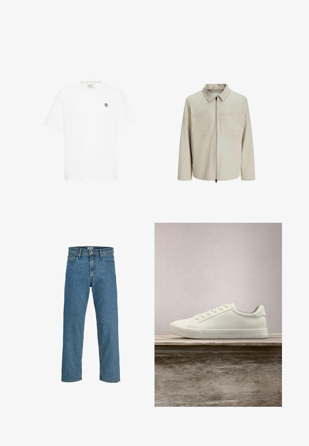 Beige Jacke aus weichem Stoff, mit Kragen, Frontreißverschluss und zwei großen Brusttaschen. Lange Ärmel mit lässiger Passform.; Weißes Kurzarm-T-Shirt mit Rundhalsausschnitt und einem kleinen grauen geometrischen Logo auf der linken Brust. Hergestellt aus weichem Baumwollmaterial.; Blaue Straight-Leg-Jeans mit hoher Taille, Knopfverschluss, Vorderentaschen und Gürtelschlaufen.; Weiße Schnürsneaker, die über einer Holzbank mit grünem Laub im Hintergrund schweben und das Schuhdesign sowie die Textur zeigen.
