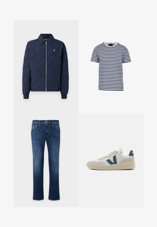 Veste matelassée navy avec fermeture éclair à l'avant, col pointu, manches côtelées et un petit logo doré sur la poitrine. Texture lisse avec des motifs en vagues.; T-shirt rayé bleu marine et blanc, en coton, avec un col rond et des manches courtes, présentant des rayures horizontales uniformément espacées.; Jean droit bleu foncé avec bouton devant, fermeture éclair et design à cinq poches.; Baskets en cuir blanc avec des accents en suede gris, arborant un logo "V" bleu bien visible, une pointe ronde et une semelle en caoutchouc texturée.