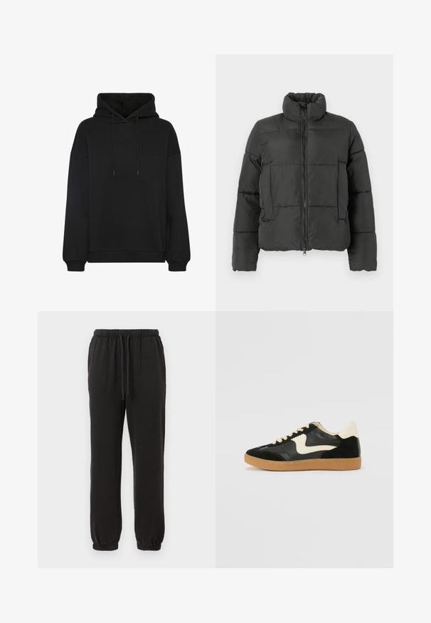 Vero Moda VMPARDA - Vinterjakker - black; Sort hoodie med en stor frontlomme, med en tonal broderet logo på brystet, snoretræk i hætten og ribbede muffer og kant.; Sorte sweatpants med elastisk talje og snor. Manchetter ved anklerne. Fremstillet af blød jersey-stof med en glat tekstur.; Sorte ruskinds- og lædersneakers med en cremefarvet side-swoosh og lys cremefarvet hæl. Har beige snørebånd og en gummirubber-sål.