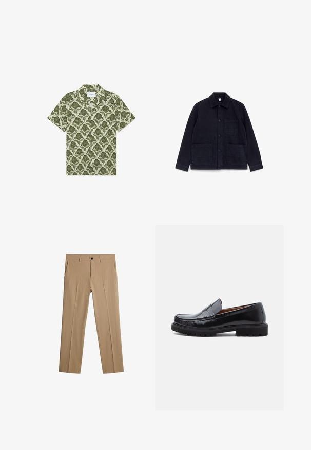 Veste noire boutonnée avec trois poches plaquées à l'avant et un col classique, posée à plat sur un fond blanc.; Chemise à manches courtes avec un motif floral vert sur fond beige clair. Dotée d'un col et d'une étiquette portant la mention "Les Deux."; Pantalon beige en tissu texturé avec une coupe décontractée. Comprend une fermeture à bouton à l'avant, des poches latérales et aucun motif visible.; Mocassin penny en cuir noir avec semelle en caoutchouc épaisse et couture moc toe, montré de profil sur un fond blanc.