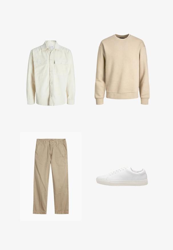 Off-white corduroy overhemd met lange mouwen, knoopsluiting aan de voorkant en twee borstzakken met klep en knopen.; Beige sweatshirt gemaakt van zachte stof, met een ronde hals, lange mouwen en ribbelboorden en -zoom voor een ontspannen pasvorm.; Beige rechte pijpen chinos met riemlussen, voorkant met knoop en rits sluiting, en schuine voorzakken.; Witte leren sneaker met een gladde textuur, ronde neus, vetersluiting en een platte rubberen zool. Minimalistisch ontwerp zonder zichtbare patronen.