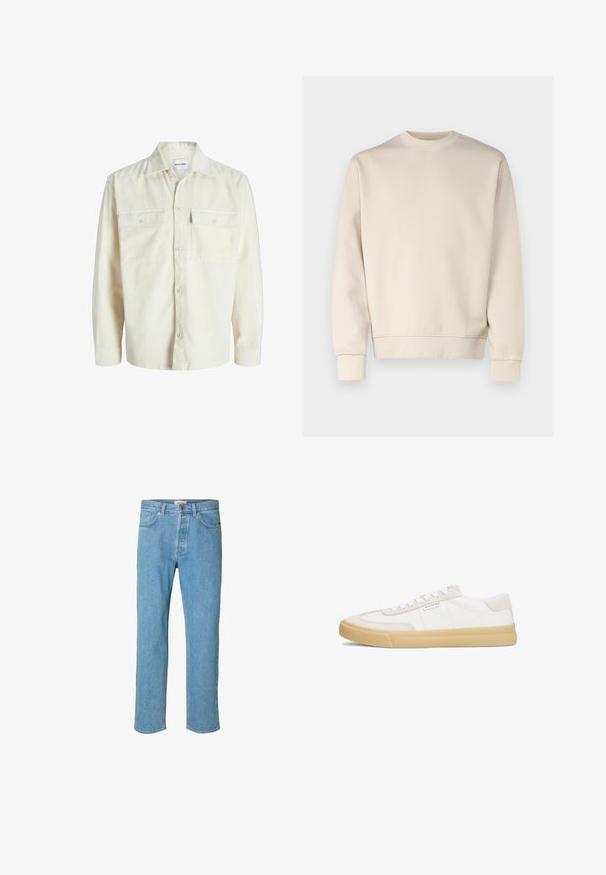 Helleitung Kordhemd mit langen Ärmeln, Knopfleiste und zwei Brusttaschen mit Klappen und Knöpfen.; Hellbeiges Sweatshirt mit rundem Ausschnitt, gerippten Bündchen und Saum. Hergestellt aus weichem Stoff mit glatter Textur. Minimalistisches Design, keine Muster.; Hellblaue Jeans aus Denim mit geradem Beinschnitt. Merkmale sind ein Knopfverschluss, fünf Taschen und gestickte Details entlang der Nähte.; Weiße Sneaker aus Leder und Wildleder, mit einem Schnürdesign, einer hellbraunen Gummisohle und einem kleinen Logo an der Seite.
