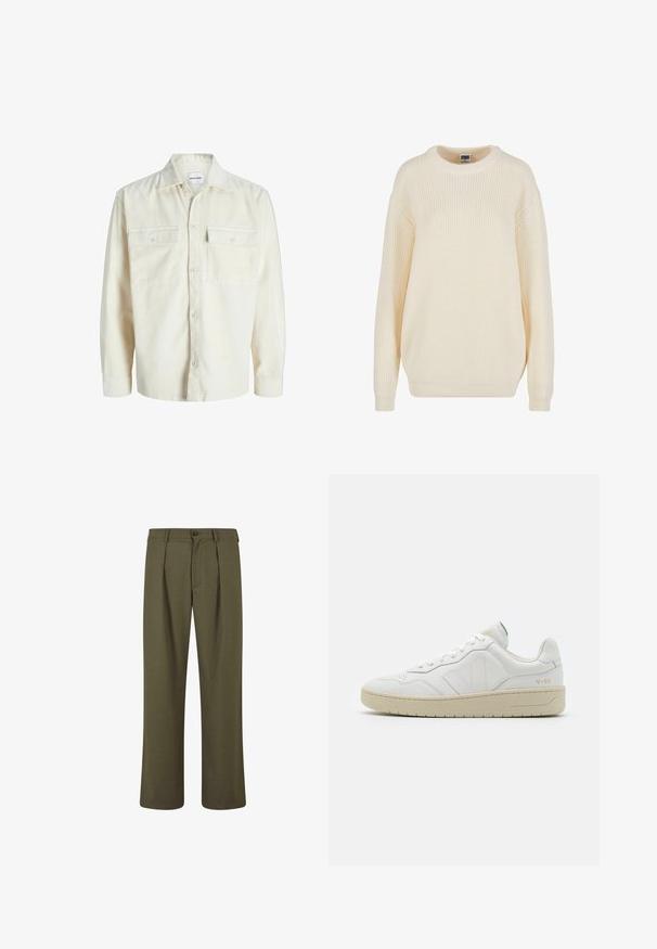 Chemise en velours côtelé écru à manches longues avec fermeture à boutons et deux poches à rabat sur la poitrine avec boutons.; Pull en maille côtelée couleur crème avec un col rond, des épaules tombantes et une coupe décontractée ; il possède un tricot texturé et des poignets côtelés.; Pantalons vert olive avec une coupe ajustée, présentant des plis à l'avant, une fermeture à bouton et des jambes droites. Texture de tissu lisse.; Baskets en cuir blanc avec une finition texturée et un col rembourré. Elles sont dotées d'une semelle en caoutchouc beige et d'une discrète branding sur le talon et le côté.