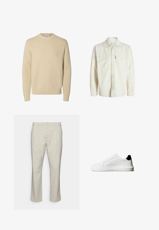 Off-white corduroy overhemd met lange mouwen, knoopsluiting aan de voorkant en twee borstzakken met klep en knopen.; Effen beige ronde hals gebreide trui met lange mouwen en geribde boorden en zoom.; Only & Sons ONSCAM CROPPED - Chino - silver lining; Witte leren sneakers met een zwarte hielaccent, voorzien van platte veters, een afgeronde neus en een geribbelde rubberen zool voor grip.