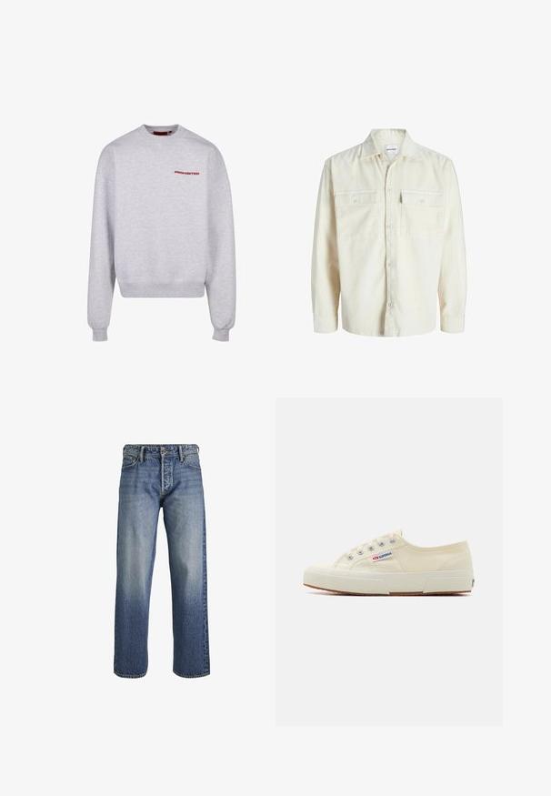 Chemise en velours côtelé écru à manches longues avec fermeture à boutons et deux poches à rabat sur la poitrine avec boutons.; Sweat-shirt gris clair à col rond, manches longues et petit texte rouge "PROHIBITED" sur la partie supérieure gauche de la poitrine.; Jean en denim bleu avec une coupe ample, présentant un lavage délavé, un design à cinq poches, des passants de ceinture et une fermeture à glissière.; Baskets en toile beige au design épuré, œillets en métal et semelle en caoutchouc. Présente un motif texturé et un détail de logo sur le côté.