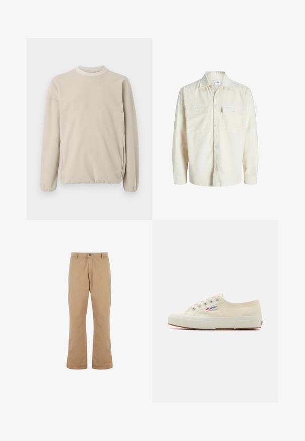 Chemise en velours côtelé écru à manches longues avec fermeture à boutons et deux poches à rabat sur la poitrine avec boutons.; Sweatshirt en polaire beige clair avec un col rond, des poignets élastiques et une poche frontale. Texture douce, coupe décontractée et design minimaliste.; Pantalon beige coupe droite avec passants pour ceinture, bouton à l’avant et fermeture éclair, présenté sur fond blanc.; Baskets en toile beige au design épuré, œillets en métal et semelle en caoutchouc. Présente un motif texturé et un détail de logo sur le côté.