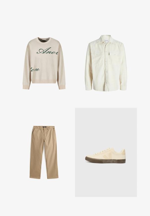 Off-white kordfløjl skjorte med lange ærmer, knaplukning foran og to brystlommer med klap og knapper.; Beige strikket sweater med grønne kursiverede bogstaver. Ribbet halsudskæring og manchetter, afslappet pasform, med blød tekstur.; Beige bukser med lige ben, knap- og lynlåslukning, bæltestropper og sidelommer, lagt fladt på en hvid baggrund.; Beige lærredssko med rund tå, flade snørebånd og struktureret brun gummisål. Har et logo på siden og et minimalistisk design.