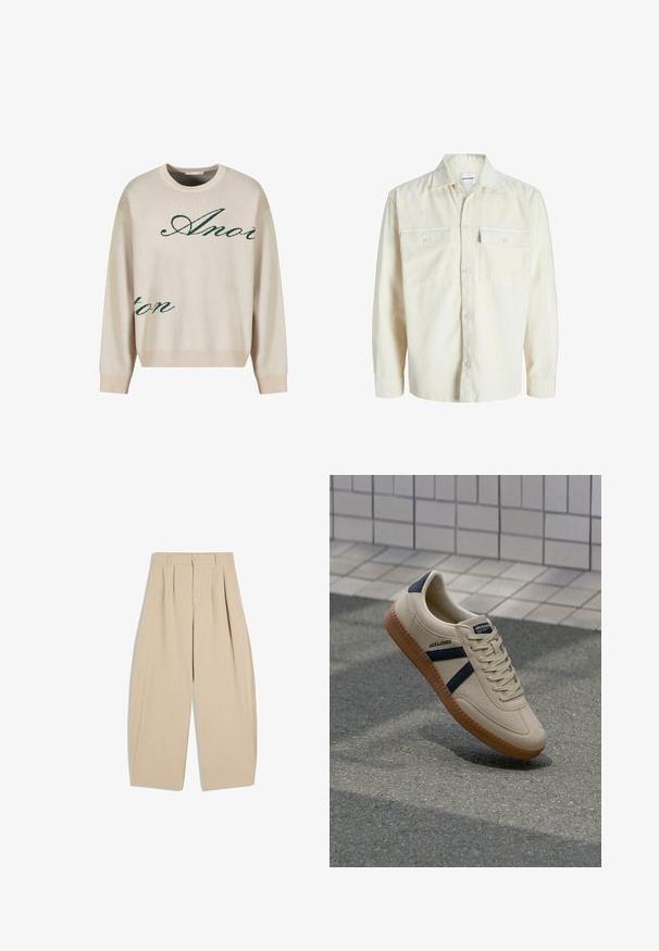 Off-white kordfløjl skjorte med lange ærmer, knaplukning foran og to brystlommer med klap og knapper.; Beige strikket sweater med grønne kursiverede bogstaver. Ribbet halsudskæring og manchetter, afslappet pasform, med blød tekstur.; Beige højhalset bukser med vidde i benene, plisseringer, bæltestropper, knaplukning og en skjult lynlås foran.; Beige sneaker med struktureret overflade, marineblå striber og gummisål. Har en polstret tunge og traditionelt snørresystem for en sikker pasform.