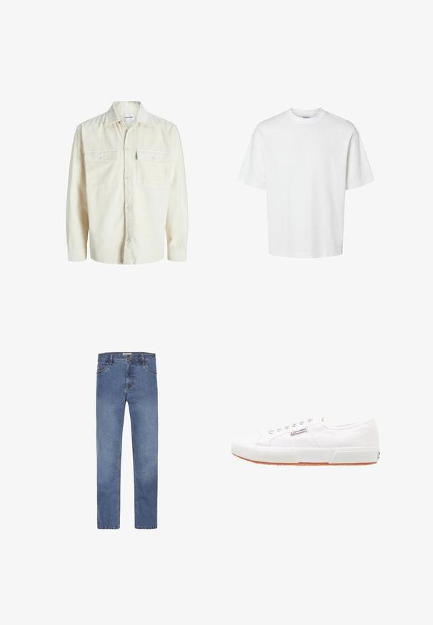 Chemise en velours côtelé écru à manches longues avec fermeture à boutons et deux poches à rabat sur la poitrine avec boutons.; T-shirt blanc uni à manches courtes, col rond et coupe décontractée, présenté sur un fond blanc.; Jeans en denim bleu clair avec une coupe droite, cinq poches et des surpiqûres contrastantes. Dotés d'une fermeture à bouton et à glissière.; Baskets en toile blanches avec une semelle en caoutchouc, design à lacets et une petite étiquette logo sur le côté. Tige blanche texturée et semelle extérieure marron.