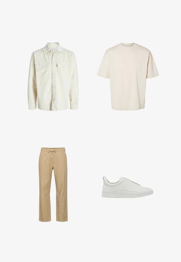 Off-white kordfløjl skjorte med lange ærmer, knaplukning foran og to brystlommer med klap og knapper.; Simpel beige kortærmet oversize bomuld t-shirt med rund halsudskæring, vist fladt på hvid baggrund.; Beige bomuldsbukser med afslappet pasform, elastik i taljen og snøre. Har sidelommer og lige ben. Ingen synlige mønstre.; Hvid lavtop sneaker med slip-on design, polstret krave og trækstrop ved hælen, med en tyk gummisål og glat læderoverdel.