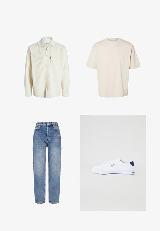 Chemise en velours côtelé écru à manches longues avec fermeture à boutons et deux poches à rabat sur la poitrine avec boutons.; T-shirt en coton beige uni, manches courtes, oversize, col rond, présenté à plat sur fond blanc.; Jeans en denim bleu clair avec une taille haute, une coupe droite et des coutures contrastées. Présente un logo brodé à l'avant et cinq poches classiques.; Baskets en toile blanches avec un accent de talon marine, semelle en caoutchouc plate, bout rond et lacets blancs. Présente un logo sur le côté.