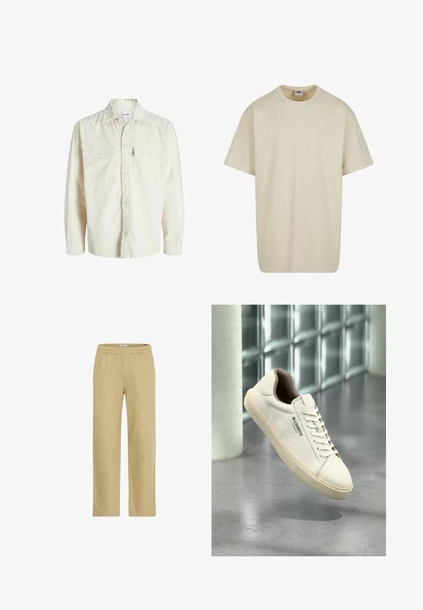 Chemise en velours côtelé écru à manches longues avec fermeture à boutons et deux poches à rabat sur la poitrine avec boutons.; T-shirt en coton beige clair à manches courtes, col rond et coupe décontractée. Le tissu semble lisse, sans motifs ni accents visibles.; Pantalon beige léger avec une ceinture élastique, coupe droite, texture lisse, doté de poches latérales et d'une coupe décontractée.; Baskets en toile blanche avec semelle et lacets beige, logo "AllSaints London" sur le côté, flottant au-dessus d'un sol gris poli près de blocs de verre.