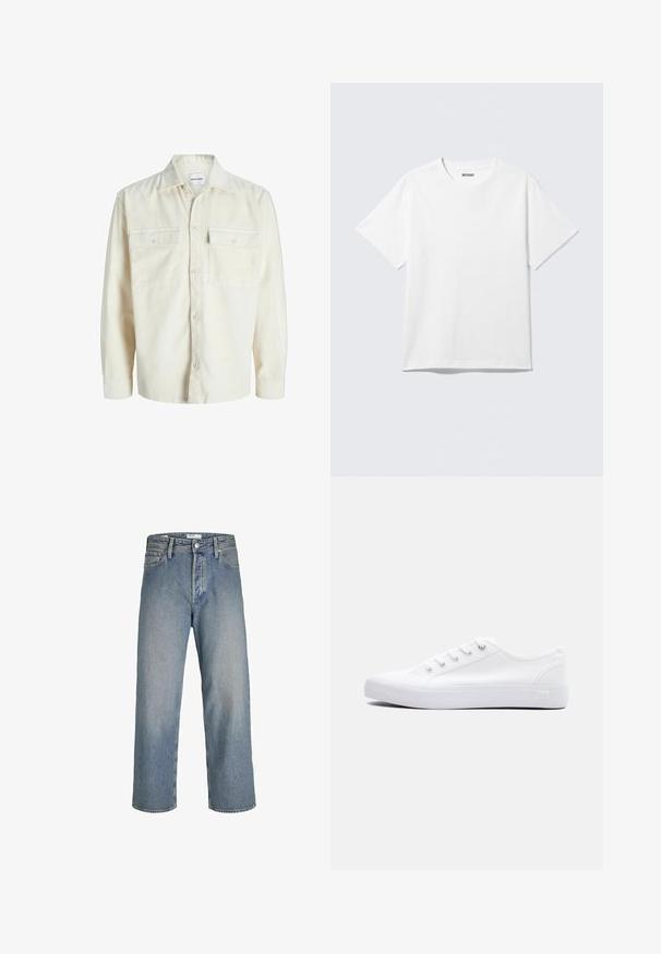 Chemise en velours côtelé écru à manches longues avec fermeture à boutons et deux poches à rabat sur la poitrine avec boutons.; T-shirt blanc à manches courtes et col rond, étalé à plat, design uni, avec l'étiquette "WEEKDAY" à l'intérieur du col sur un fond clair.; Jean en denim bleu clair avec une coupe ample, taille haute et jambes droites. Dispose de poches avant et d'une fermeture à bouton en métal.; Baskets basses en toile blanche avec lacets blancs, semelle en caoutchouc et œillets métalliques, vues de côté extérieur sur un fond uni.