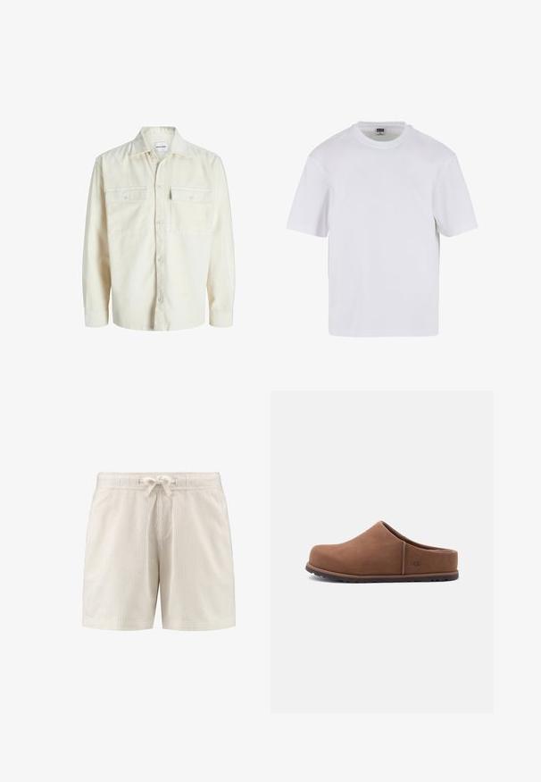 Camisa de terciopelo en color blanco roto, de manga larga, con botones en la parte frontal y dos bolsillos en el pecho con solapa y botones.; Camiseta blanca de manga corta hecha de algodón. Presenta un cuello redondo y un ajuste holgado. Textura suave, diseño minimalista, sin patrones ni adornos.; Pantalones cortos de tela acanalada beige con una cinturilla elástica y un cordón atado en el centro delantero.; Zueco marrón sin cordones con puntera redondeada, parte superior suave y logotipo de UGG en el lateral, mostrado sobre un fondo gris claro liso.