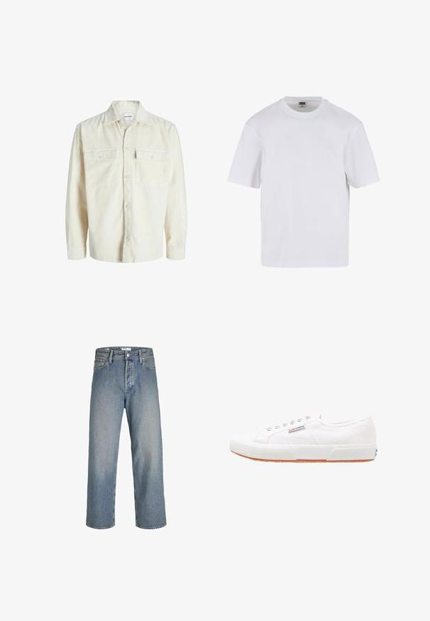 Off-white corduroy overhemd met lange mouwen, knoopsluiting aan de voorkant en twee borstzakken met klep en knopen.; Witte kraagloze t-shirt met korte mouwen, gemaakt van katoen. Heeft een ronde halslijn en een losse pasvorm. Soepele textuur, minimalistisch ontwerp, geen patronen of accenten.; Lichtblauwe denim jeans met een losse pasvorm, hoge taille en rechte pijpen. Bevat voorzakken en een metalen knoopsluiting.; Witte canvas sneakers met een rubberen zool, vetersluiting en een klein logolabel aan de zijkant. Gewreven wit bovenwerk en een bruine zool.