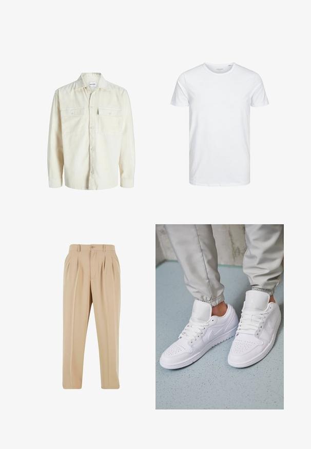 Off-white kordfløjl skjorte med lange ærmer, knaplukning foran og to brystlommer med klap og knapper.; Rundhals kortærmet t-shirt i ensfarvet hvid, lavet af blød bomuld, har et simpelt design uden synlige mønstre eller detaljer.; Beige plisserede bukser med lige ben-design, lavet af glat stof, med en knaplukning og løkker til bælte i taljen.; Hvide lædersneakers har en perforeret tåboks, flade snørebånd, polstret krave og Jordan-logoet på tungen. Båret med grå joggers.