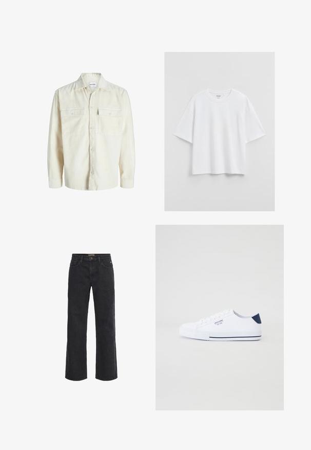 Off-white korduroja ilgām piedurknēm krekls ar pogu priekšpusi un divām krūts kabatām ar pogām.; Vienkārša balta īsroku T-krekls ar apaļu kakla izgriezumu un brīvu piegriezumu uz gaiši pelēka fona.; Melnas džinsas platās kājas bikses ar pogu aizdari, piecām kabatām un nedaudz izbalējušu tekstūru. Taisna piegriezuma no jostas līdz apakšmalai.; Baltas audekla tenisa kurpes ar tumši zilām papēža akcentam, plakanā gumijas zole, apaļa purngala forma un baltas šņores. Uz sāniem ir redzams logotips.