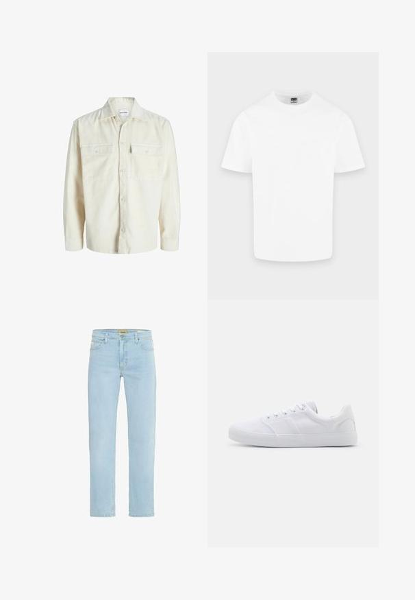 Off-white kordfløjl skjorte med lange ærmer, knaplukning foran og to brystlommer med klap og knapper.; Enkelt hvid kortærmet T-shirt med rund hals i bomuld vist på en lys grå baggrund.; Lysblå denim jeans med lige snit, fem-lomme design, subtil falmning og klassisk talje med lukning med knap foran.; Hvide lærreds sneakers med gummisål, der har seks snørehuller, en struktureret tåkap og et minimalistisk design.