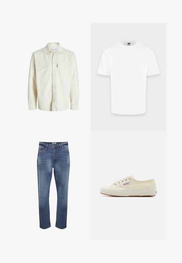 Off-white corduroy overhemd met lange mouwen, knoopsluiting aan de voorkant en twee borstzakken met klep en knopen.; Effen witte katoenen T-shirt met korte mouwen en ronde hals, weergegeven op een lichtgrijze achtergrond.; Denim jeans in middelblauw met een vervaagde afwerking, vijf zakken ontwerp, ritsvlieg, en een standaard rechte pijp snit. Kenmerkende stikseldetails.; Beige canvas sneaker met een laag profiel, metalen oogjes en rubberen zool. Beschikt over een textuurpatroon en logodetail aan de zijkant.