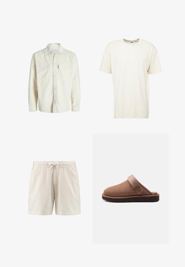 Off-white kordfløjl skjorte med lange ærmer, knaplukning foran og to brystlommer med klap og knapper.; T-shirt med korte ærmer og rund hals i lys cremefarve. Fremstillet af blødt bommateriale med en afslappet pasform og minimale sømme.; Beige ribstrikkede shorts med elastik i taljen og en bundet snor foran i midten.; Brun slip-on clog med justerbar stofrem og metalknap, med en tyk sort robust sål til udendørs brug.