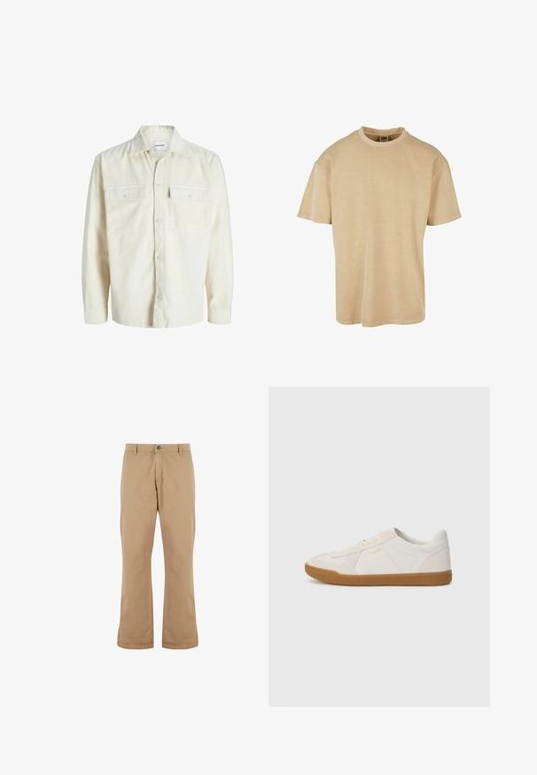 Helleitung Kordhemd mit langen Ärmeln, Knopfleiste und zwei Brusttaschen mit Klappen und Knöpfen.; Urban Classics OVERSIZED GARMENT DYE TEE - T-Shirt basic - unionbeige; Beige Baumwollhosen mit geradem Schnitt, ausgestattet mit einem Knopfverschluss, Vordertaschen und einer glatten Textur.; Weiße Sneaker aus glattem Leder mit einer Sohle aus Gummi, ausgestattet mit einfachen Nähten und einem kleinen goldenen Logo an der Seite.
