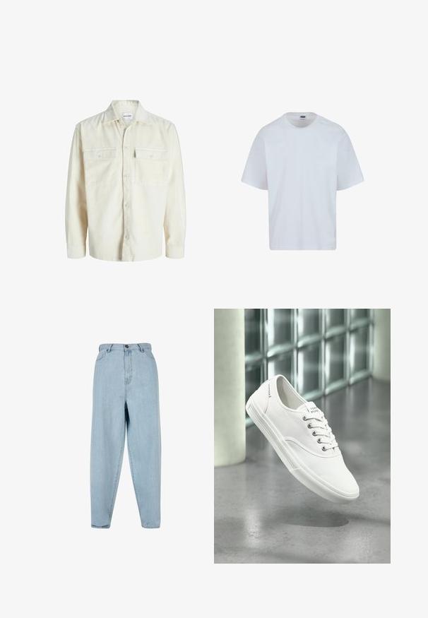 Chemise en velours côtelé écru à manches longues avec fermeture à boutons et deux poches à rabat sur la poitrine avec boutons.; T-shirt en coton blanc avec un col rond, des manches courtes et une coupe droite. Présente des détails de couture subtils sur les épaules.; Jean taille haute bleu clair avec une coupe décontractée. Comprend un bouton sur le devant, une fermeture éclair et un design à cinq poches. Texture du tissu légèrement délavée.; Baskets basses blanches en toile avec lacets, étiquetées Tommy Hilfiger, montrées flottant au-dessus d’un sol gris lisse près d’un mur en briques de verre.