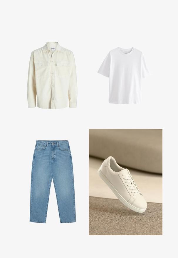 Off-white corduroy pitkähihaine paita, jossa on napit edessä ja kaksi rintataskua, joissa on napit.; Yksinkertainen valkoinen lyhythihainen t-paita pyöreällä kaula-aukon mallilla, rento istuvuus valkoisella taustalla.; Vaaleansiniset denimfarkut suoralla lahkeensuudella, viiden taskun mallilla ja hieman haalistuneella tekstuurilla. Ne on varustettu napilla ja vetoketjulla.; Valkoinen nahkakenkä valkoisilla nauhoilla, esillä beigellä tekstuuripinnalla ja pehmeästi sumentuneessa taustassa.