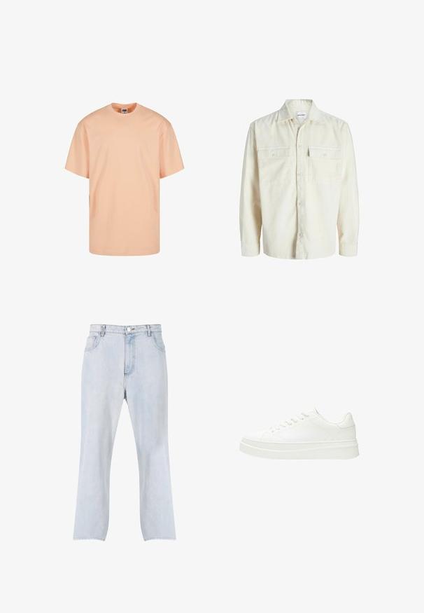 Off-white corduroy overhemd met lange mouwen, knoopsluiting aan de voorkant en twee borstzakken met klep en knopen.; Licht perzikkleurig t-shirt met korte mouwen van katoen. Heeft een ronde halslijn en een comfortabele pasvorm. Gladde textuur zonder patronen of afbeeldingen.; Lichtblauwe spijkerbroek met rechte pijpen, vooraan knoop- en ritssluiting en ontwerp met vijf zakken.; Witte sneaker met een glad leren bovenwerk, platte veters en een dikke rubberen zool. Minimalistisch ontwerp met subtiele stiksel en naadloze accenten.
