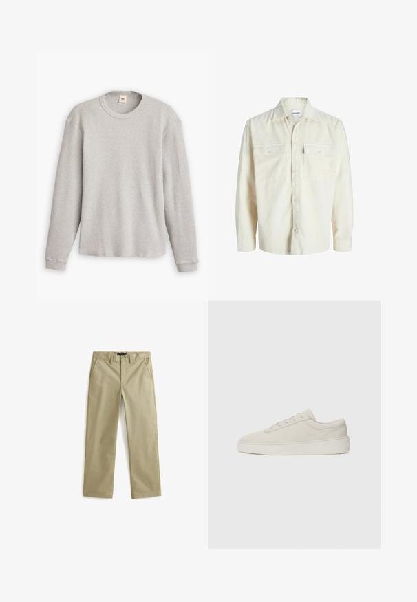 Off-white corduroy overhemd met lange mouwen, knoopsluiting aan de voorkant en twee borstzakken met klep en knopen.; Grijze lange mouwen trui van gebreid materiaal met een geribbeld patroon, ronde halslijn en rechte zoom. De manchetten zijn aansluitend en gemaakt van zachte stof.; Beige katoenen chinos met een rechte pijp, voorzien van twee voorzakken en een klassieke knoopsluiting. Soepele textuur, minimale accenten.; Beige sneakers met een zachte suede afwerking, ronde neus en platte rubberen zool. Beschikt over vetersluiting en een minimalistisch ontwerp met subtiele stiksels.