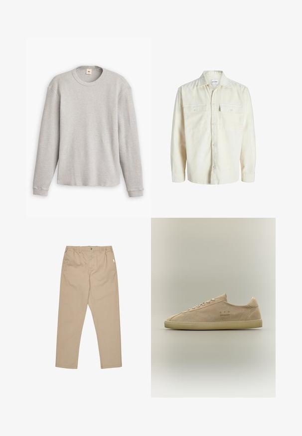 Off-white corduroy overhemd met lange mouwen, knoopsluiting aan de voorkant en twee borstzakken met klep en knopen.; Grijze lange mouwen trui van gebreid materiaal met een geribbeld patroon, ronde halslijn en rechte zoom. De manchetten zijn aansluitend en gemaakt van zachte stof.; Khaki broek van lichtgewicht stof, met een recht model, knoopsluiting en zijzakken. Gladde textuur met minimale details.; Beige suède lage sneaker met beige rubberen zool, veterluiting en subtiele "C.P. Company" branding aan de zijkant.