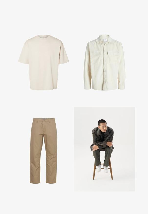 Camisa de terciopelo en color blanco roto, de manga larga, con botones en la parte frontal y dos bolsillos en el pecho con solapa y botones.; Camiseta de algodón beige lisa, de manga corta, oversize y con cuello redondo, mostrada extendida sobre un fondo blanco.; Pantalones de algodón beige con un diseño de pierna recta, que cuentan con un cierre frontal de botón y cremallera, bolsillos laterales y un acabado limpio.; Joven con chaqueta de cuero oscura y vaqueros sentado en un taburete de madera, inclinado hacia adelante con los brazos cruzados, mirando hacia un lado contra un fondo blanco.