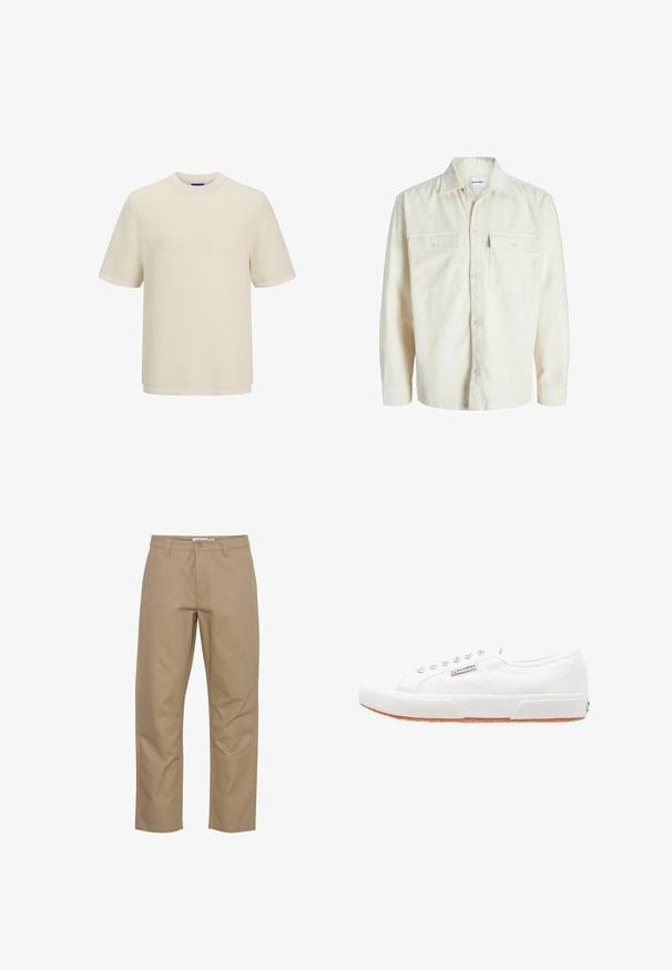 Off-white kordfløjl skjorte med lange ærmer, knaplukning foran og to brystlommer med klap og knapper.; Cremefarvet kortærmet t-shirt i et struktureret strikmønster. Har en rund halsudskæring og en lige kant.; Beige bomuldsbukser med lige ben-design, der har en frontknap og lynlås lukning, sidelommer og et rent finish.; Hvide kanvas sneakers med gummisål, snørebåndsdesign og et lille logo mærke på siden. Tekstureret hvid overdel og brun ydersål.