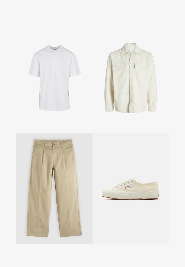 Off-white corduroy overhemd met lange mouwen, knoopsluiting aan de voorkant en twee borstzakken met klep en knopen.; Eenvoudig wit T-shirt met korte mouwen en ronde hals, met een losse pasvorm, afgebeeld tegen een witte achtergrond.; Beige recht gesneden broek met plooien aan de voorkant, riemlussen, zijzakken en een knoopsluiting in de taille.; Beige canvas sneaker met een laag profiel, metalen oogjes en rubberen zool. Beschikt over een textuurpatroon en logodetail aan de zijkant.